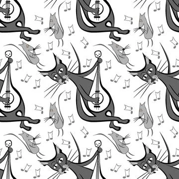 Seamless pattern, endless texture on a square background - cat with guitar an Stock Illustration