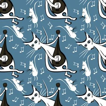 Seamless pattern, endless texture on a square background - cat with guitar an Stock Illustration