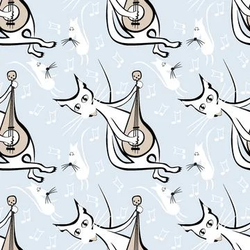 Seamless pattern, endless texture on a square background - cat with guitar an Stock Illustration