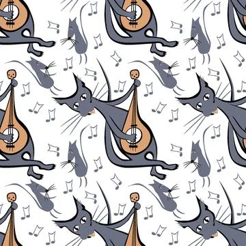 Seamless pattern, endless texture on a square background - cat with guitar an イラスト素材