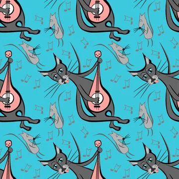 Seamless pattern, endless texture on a square background - cat with guitar an Illustrazione stock