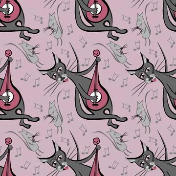 Seamless pattern, endless texture on a square background - cat with guitar an Illustrazione stock
