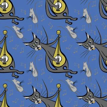 Seamless pattern, endless texture on a square background - cat with guitar an Stock Illustration