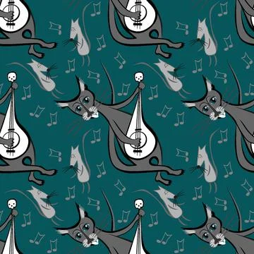 Seamless pattern, endless texture on a square background - cat with guitar and Stock Illustration