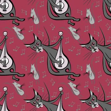 Seamless pattern, endless texture on a square background - cat with guitar and Stock Illustration