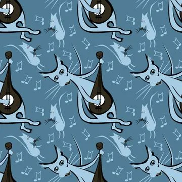 Seamless pattern, endless texture on a square background - cat with guitar and 스톡 일러스트
