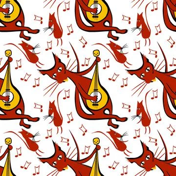 Seamless pattern, endless texture on a square background - cat with guitar an Stock Illustration