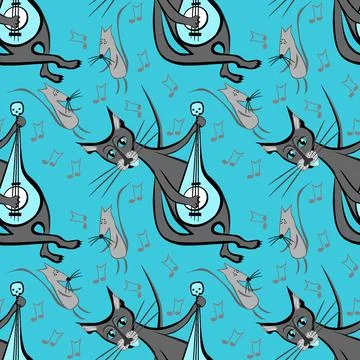 Seamless pattern, endless texture on a square background - cat with guitar an Illustrazione stock