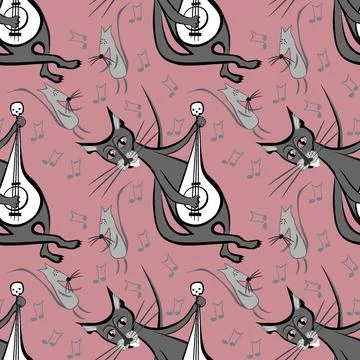 Seamless pattern, endless texture on a square background - cat with guitar an Stock Illustration