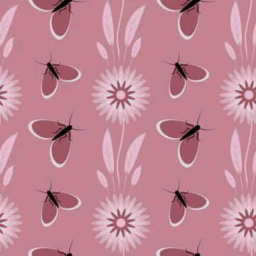 Seamless pattern, endless texture - stylized flowers and moths. Wallpapers Stock Illustration