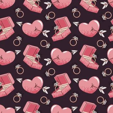 Seamless Pattern With Engagement Ring Box And Cupid's Arrow Heart In Flat Sty Stock Illustration
