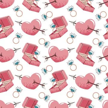 Seamless Pattern With Engagement Ring Box And Cupid's Arrow Heart In Flat Sty Stock Illustration