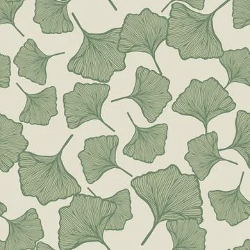 Seamless pattern engraved leaves Ginkgo Biloba. Vintage background botanical  Stock Illustration