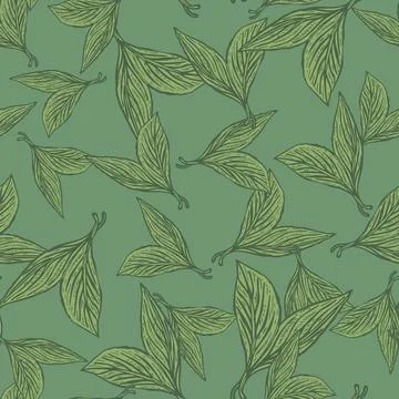 Seamless pattern engraved leaves. Vintage background of tea leaf in hand draw Stock Illustration