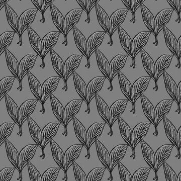 Seamless pattern engraved leaves. Vintage background of tea leaf in hand draw Stock Illustration