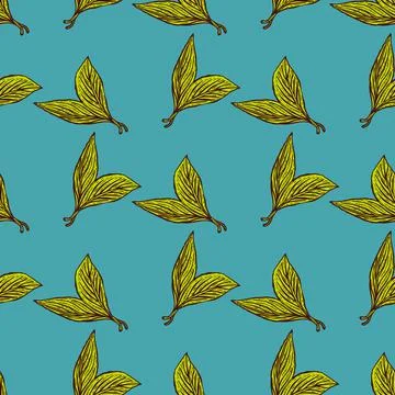 Seamless pattern engraved leaves. Vintage background of tea leaf in hand draw Stock Illustration