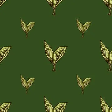 Seamless pattern engraved leaves. Vintage background of tea leaf in hand draw Stock Illustration