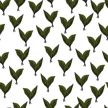 Seamless pattern engraved leaves. Vintage background of tea leaf in hand draw Stock Illustration