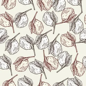 Seamless pattern engraved lemon on branch with leaves. Vintage background lim Stock Illustration