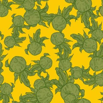 Seamless pattern engraved lemon on twig with leaves. Vintage background citru Stock Illustration