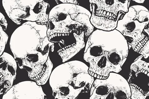 Seamless Pattern With Engraved Skulls Stock Illustration
