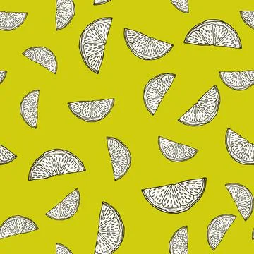 Seamless pattern engraved slice lemon. Vintage background piece lemon or lime Stock Illustration