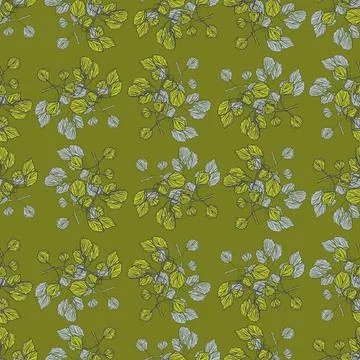 Seamless pattern engraved tree branches. Vintage background summer twigs in h 스톡 일러스트