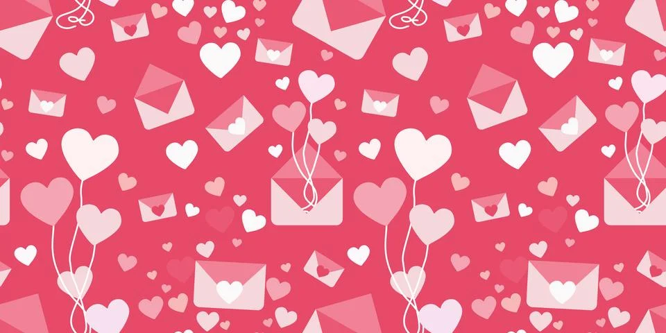 Seamless pattern with Envelope and Love message, Heart Balloons. Flat vecto.. Illustrazione stock