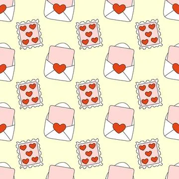 Seamless Pattern with Envelope and post stamp. Valentine Day background. Stock Illustration