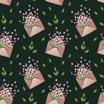 Seamless Pattern with an Envelope and Willow Branches with Leaves. Easter 스톡 일러스트