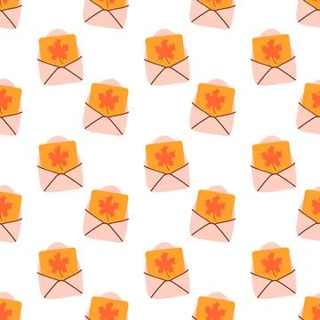 Seamless pattern. Envelope with maple leaf. Autumn background. Cozy fall. Illustrazione stock