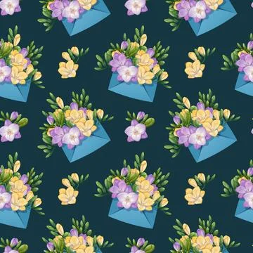 Seamless Pattern with Envelopes Filled with Freesia. Delicate Floral Texture Stock Illustration