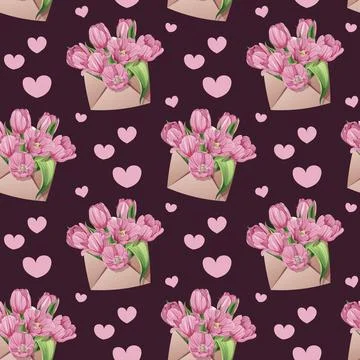 Seamless Pattern with Envelopes Filled with Pink Tulips. Delicate Floral Texture Stock Illustration