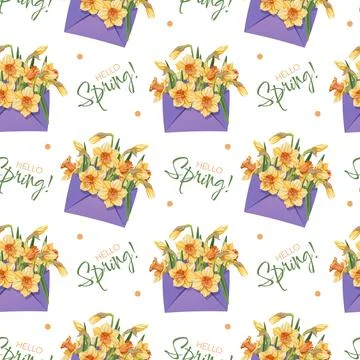 Seamless Pattern with Envelopes Filled with Yellow Daffodils. Elegant Floral イラスト素材