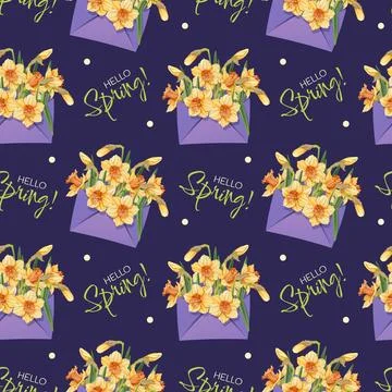 Seamless Pattern with Envelopes Filled with Yellow Daffodils. Elegant Floral イラスト素材