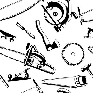 Seamless pattern with equipment and tools for forestry and lumber industry 스톡 일러스트