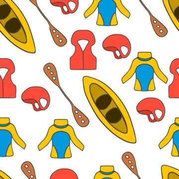 Seamless pattern with equipment for kayaking Stock Illustration