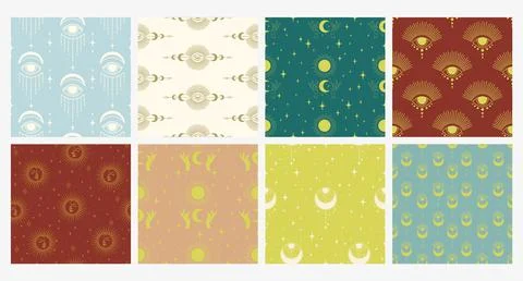 Seamless pattern with esoteric elements. Minimalistic magic witchcraft collec Illustrazione stock