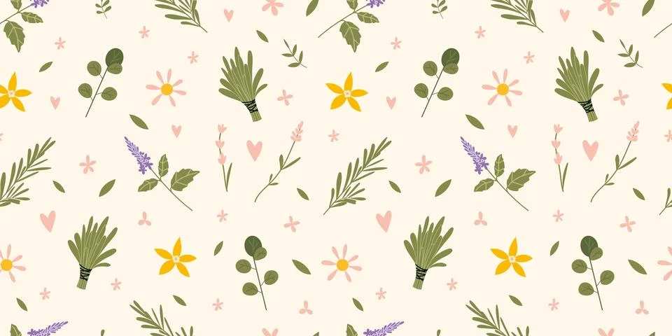 Seamless pattern with essential oil plants and herbs on a light background,.. Stock Illustration