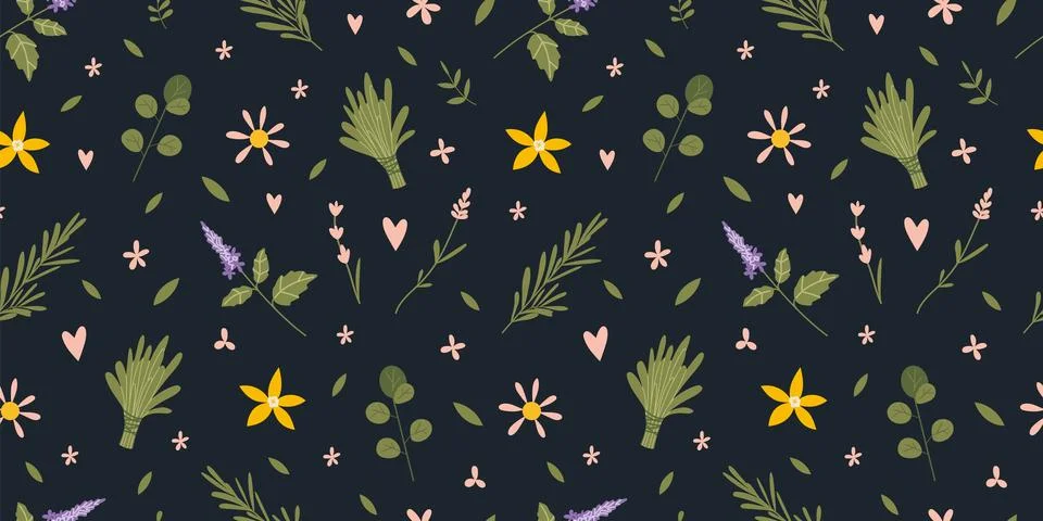 Seamless pattern with essential oil plants and herbs on a black background,.. Stock Illustration