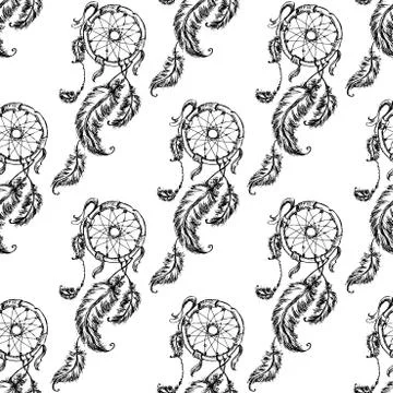 Seamless pattern Ethnic dream catcher with feathers Stock Illustration