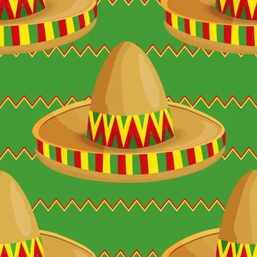 Seamless pattern with ethnic sombrero hat on color background. Vector drawing Stock Illustration