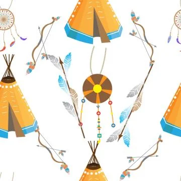 Seamless pattern in ethnic style, subjects and objects of American Indians Illustrazione stock