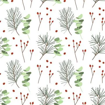 Seamless pattern with eucalyptus, berries and spruce. Winter illustration Stock Illustration
