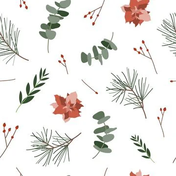 Seamless pattern with eucalyptus, berries and spruce. Winter illustration Stock Illustration