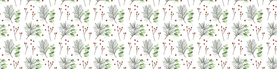Seamless pattern with eucalyptus, berries and spruce. Winter illustration Stock Illustration