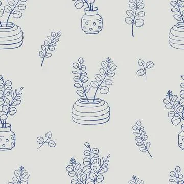 Seamless Pattern with Eucalyptus Branches in Ceramic Vases on Light Grey Ba.. 스톡 일러스트