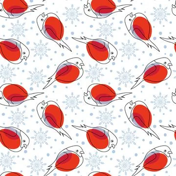 Seamless pattern with Eurasian Bullfinch and snowflakes, Hand Drawn Bird Linear Stock Illustration