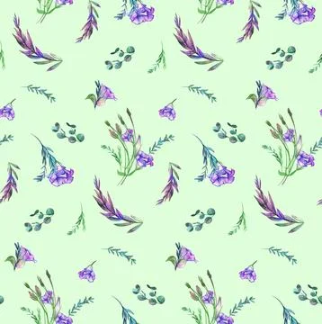 Seamless pattern with eustoma flowers and small twigs and leaves in purple Stock Illustration