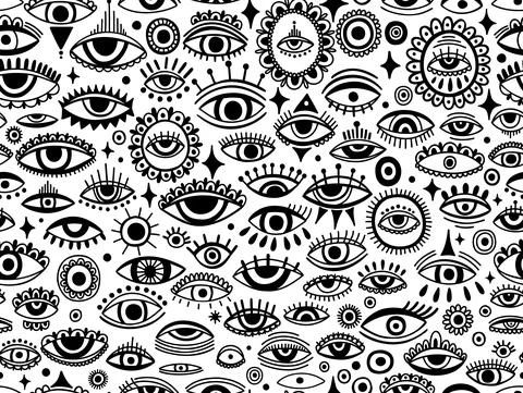 Seamless pattern Evil eye third element hand drawn.Esoteric mystic symbol Stock Illustration